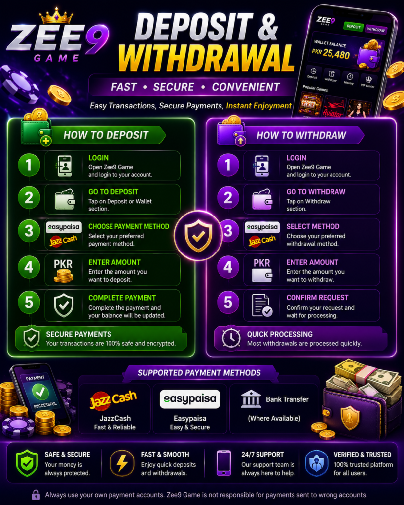 Zee9 game app deposit and withdrawal screenshot